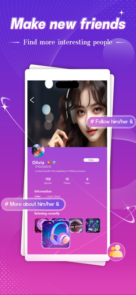 Soulfree - L'application permet de découvrir des profils détaillés avec les sections "More about him/her" et les "listening recently", favorisant une connexion plus profonde entre les utilisateurs.