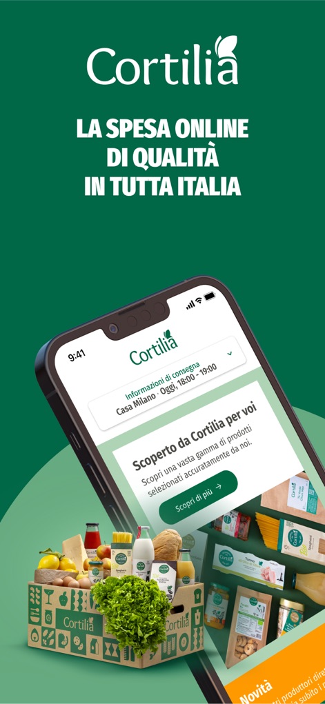 Cortilia - Spesa Online - Dieser Screenshot zeigt die Startseite der App mit den aktuellen Lieferinformationen und einer ansprechenden Präsentation ausgewählter Produkte.