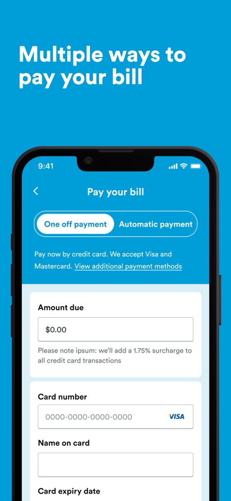 2degrees NZ - Users benefit from flexible payment methods, including toggling between 'One off payment' and 'Automatic payment' and secure input fields for credit card details.