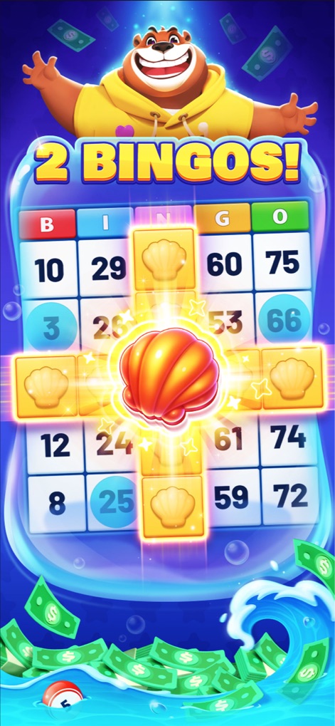 Pocket7Games: Win Cash - Witness the excitement of a Bingo match as the game board fills with numbers and a "2 BINGOS!" message signals a win.