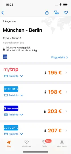 Screenshot von Idealo Flug Angebote auf dem iPhone 6