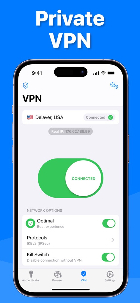Authenticator · - Ce module VPN assure une navigation protégée, affichant clairement l'état de la connexion et offrant la fonction Kill Switch.