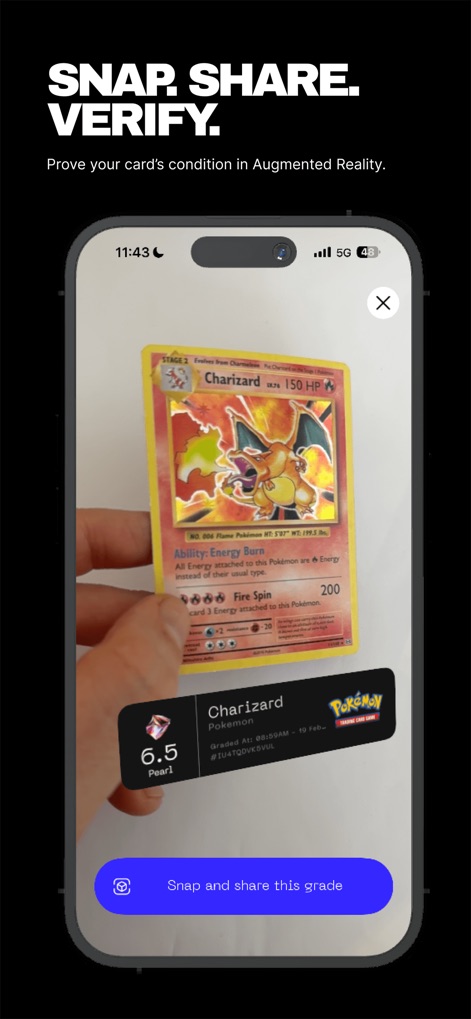 Digital Grading Co - The app utilizes augmented reality to display the "6.5 Pearl" grade directly on the physical card, while also providing a "Snap and share this grade" button for seamless social sharing.