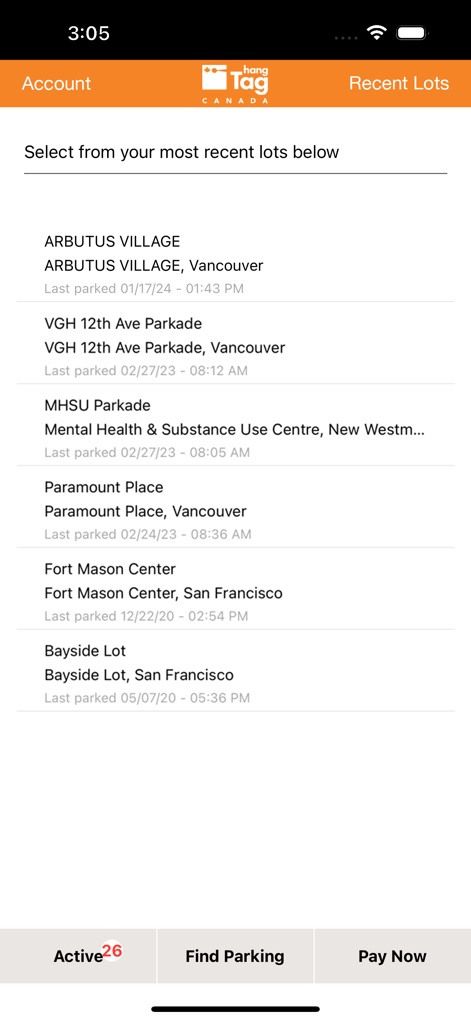 hangTag: Park & Go - The app effectively organizes a user's parking history, displaying recent lots and providing quick access to 'Active' sessions.