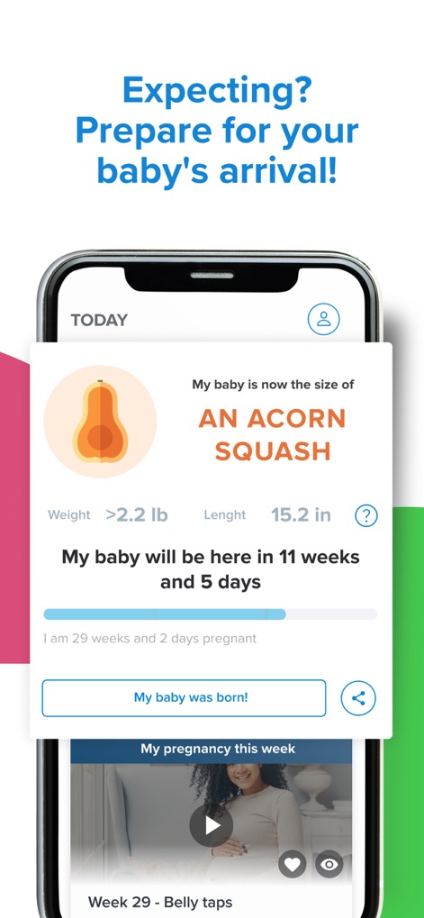 Kinedu: Baby Development - For expecting parents, the app visually tracks pregnancy progress, indicating "My baby is now the size of AN ACORN SQUASH" and showing remaining "weeks and days" until arrival.