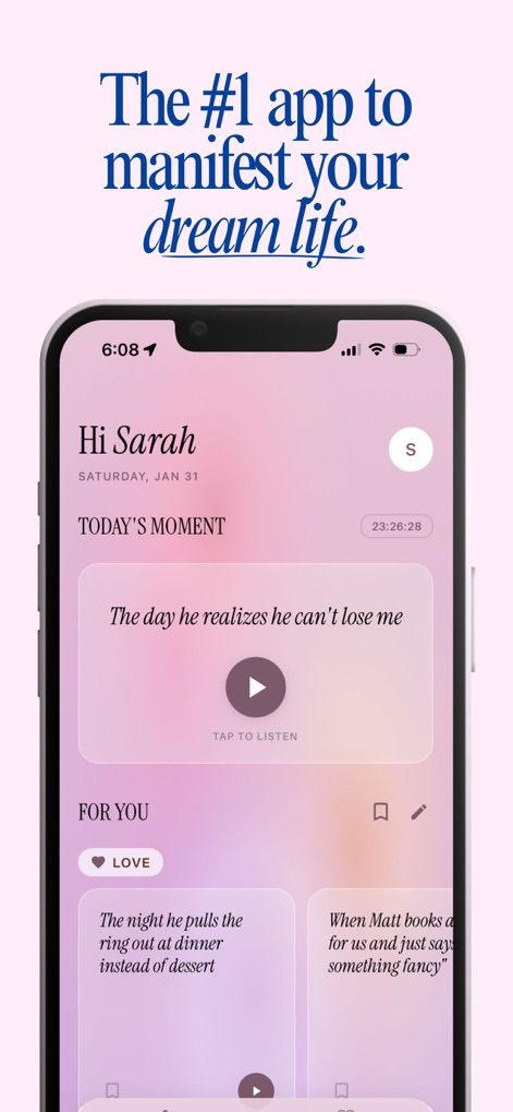 Stella - Manifest Anything - See how the app presents a personalized 'TODAY'S MOMENT' audio for instant motivation and curated 'FOR YOU' narrative cards tailored to user goals.