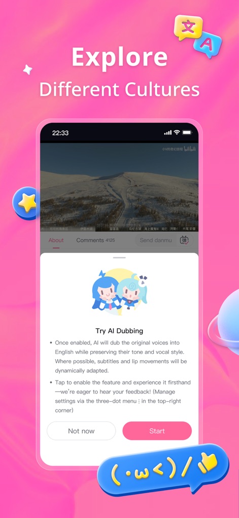 bilibili - All Your Fav Videos - Esta herramienta rompe las barreras idiomáticas con la función de "AI Dubbing", que permite escuchar contenido en el idioma del usuario, como se indica en el recuadro de "instrucciones".