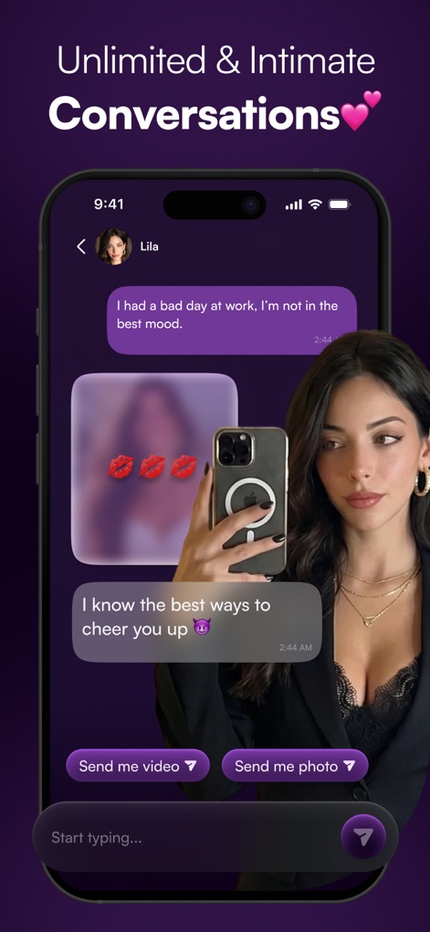 MyChar: Chat with AI Friends - Users can experience intimate chats with AI companions, sending and receiving dynamic content like 'video' and 'photo' messages for enhanced interaction.