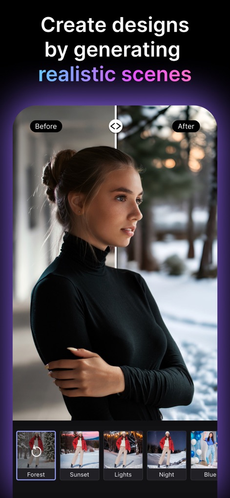MyEdit: AI Photo Generator - Crie designs inovadores gerando cenas realistas, onde o fundo de uma foto é transformado de um ambiente interno para um cenário de inverno nevado, com opções como 'Forest' e 'Sunset' disponíveis.