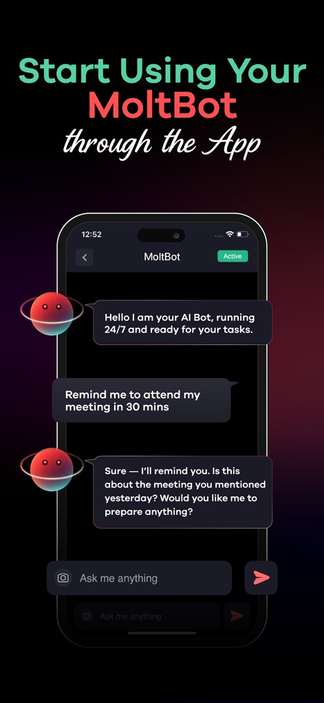 ClawOn - OpenClaw Agent AI App - This interface showcases immediate interaction with the AI bot, displaying introductory messages and an intuitive "Ask me anything" input field for user queries.