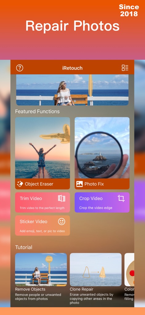 iRetouch - Photo Video Eraser - The app’s intuitive interface highlights essential 'Featured Functions' and offers easy access to detailed 'Tutorial' guides.