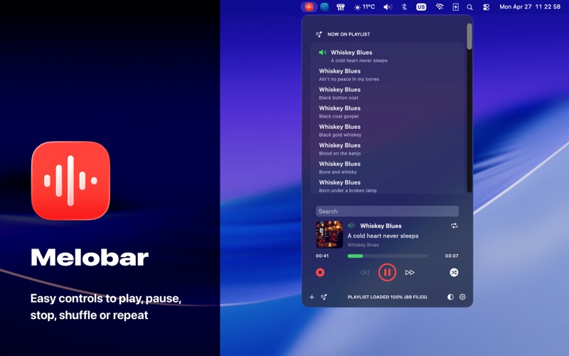 Melobar: Menu bar Music Player screenshot