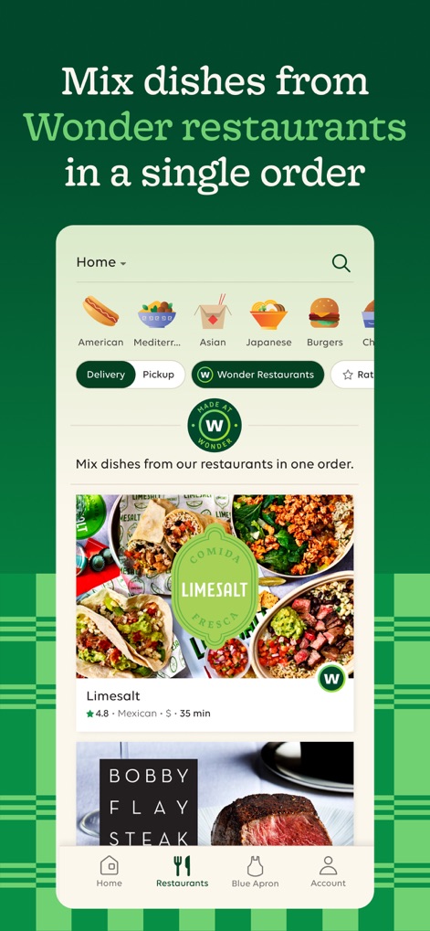 Wonder: Food Delivery - Users can seamlessly combine dishes from various Wonder restaurants, exemplified by the 'Mix dishes from our restaurants' prompt and the diverse restaurant listings like Limesalt.