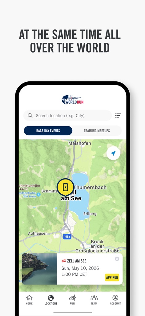Wings for Life World Run - Users can efficiently search for event locations on an interactive map and filter between 'Race Day Events' and 'Training Meetups' for local engagement.