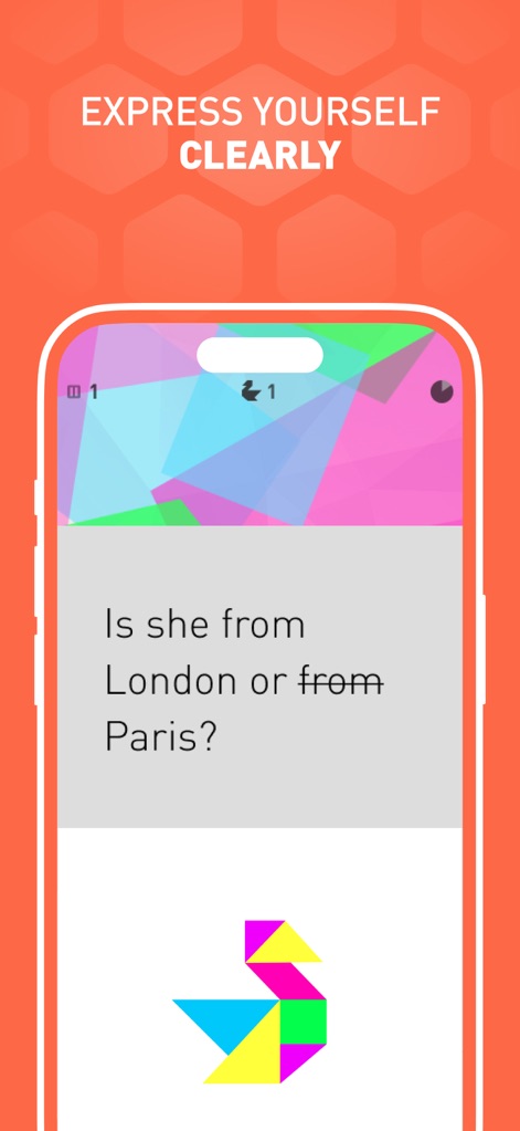 Elevate - Brain Training Games - The app helps users express themselves clearly, demonstrated by a comprehension exercise featuring a specific question and an artistic geometric design at the bottom.