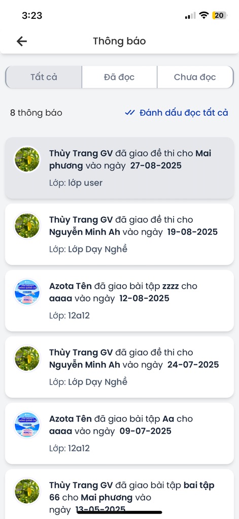 Azota Student - Users receive timely notifications about new assignments and exam deadlines, categorized for easy management with 'All', 'Read', and 'Unread' filters.