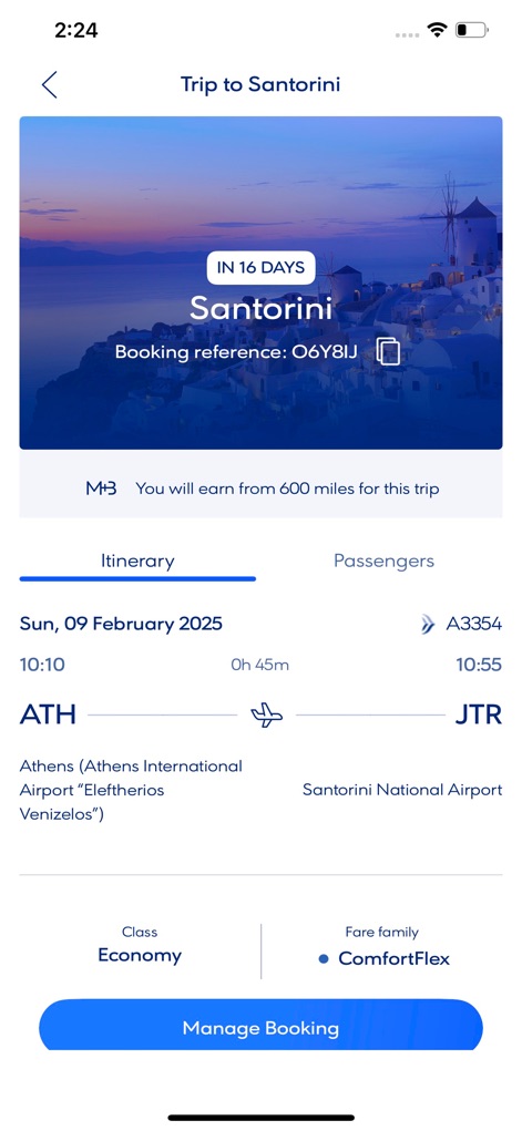 Aegean Airlines - Der detaillierte Reiseplan zeigt präzise Flugzeiten von 10:10 Uhr bis 10:55 Uhr und die beteiligten Flughäfen ATH und JTR an, um eine klare Übersicht zu gewährleisten.