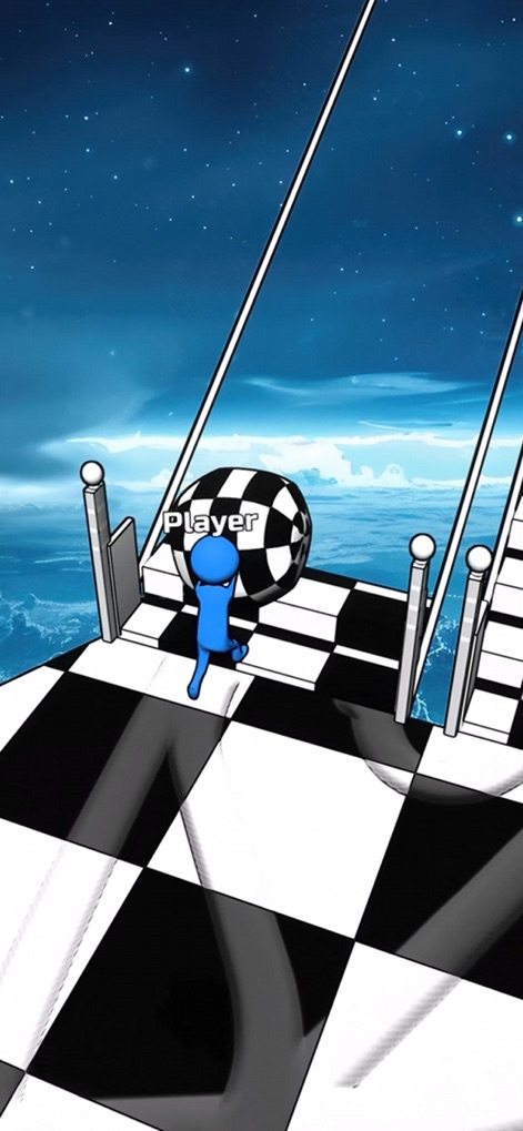Bridge Race - The game features a character pushing a distinct checkered sphere, moving across a bold black and white checkered path under a cosmic sky.