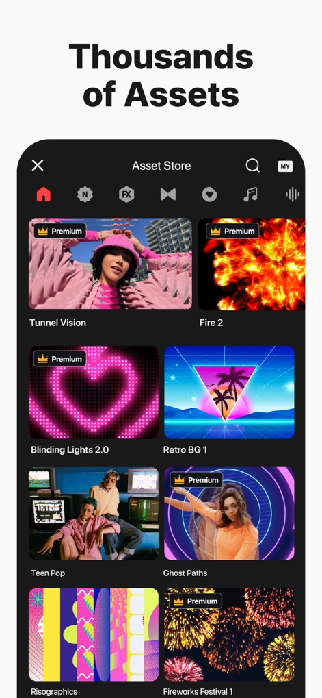 KineMaster - Video Editor - The extensive "Asset Store" offers thousands of resources, from "Tunnel Vision" effects to "Fire 2" backgrounds, to elevate video production.