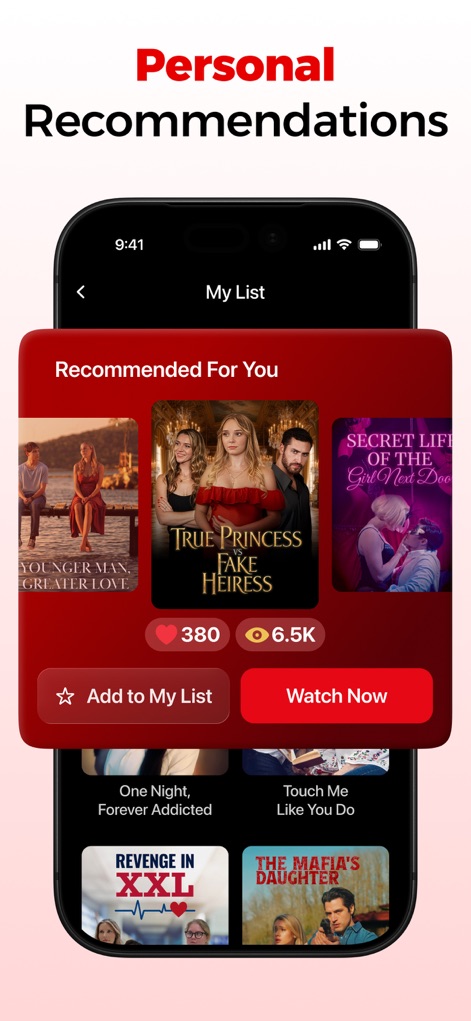 DramaTV – Watch Drama Shorts - La aplicación mejora la experiencia del usuario con una tarjeta de recomendaciones personalizadas, ofreciendo opciones de interacción directa como "Añadir a Mi Lista" o "Ver Ahora".