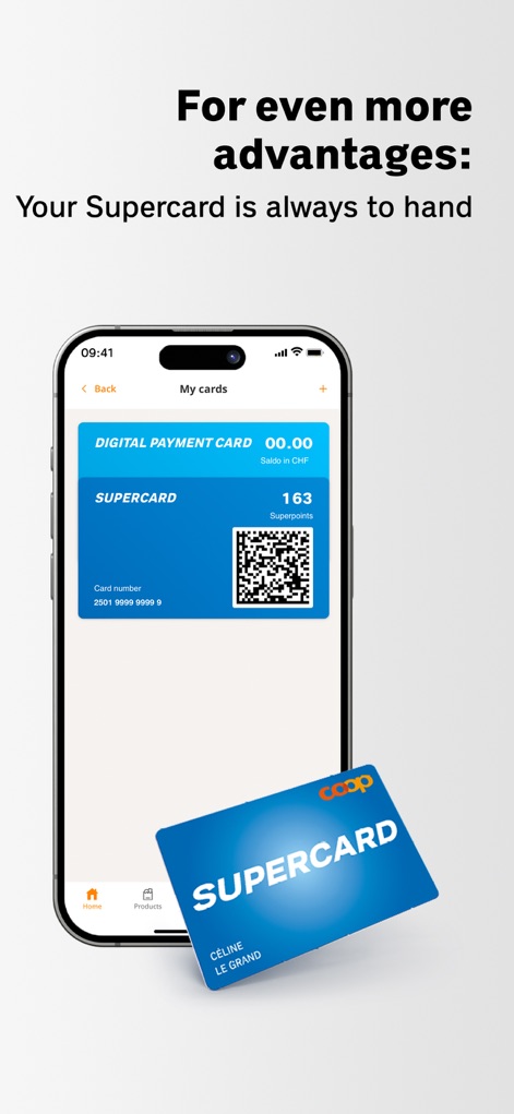 Coop supermarket - Die App integriert die Supercard digital mit einem scannbaren QR-Code und zeigt den aktuellen Punktestand an, wodurch Nutzer jederzeit ihre Vorteile nutzen können.