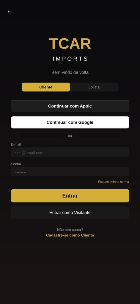 TCAR Imports - L'app offre diverse modalità di accesso, tra cui le opzioni per "Cliente" o "Lojista", e integrazioni rapide per il login sociale come "Continuar com Apple".