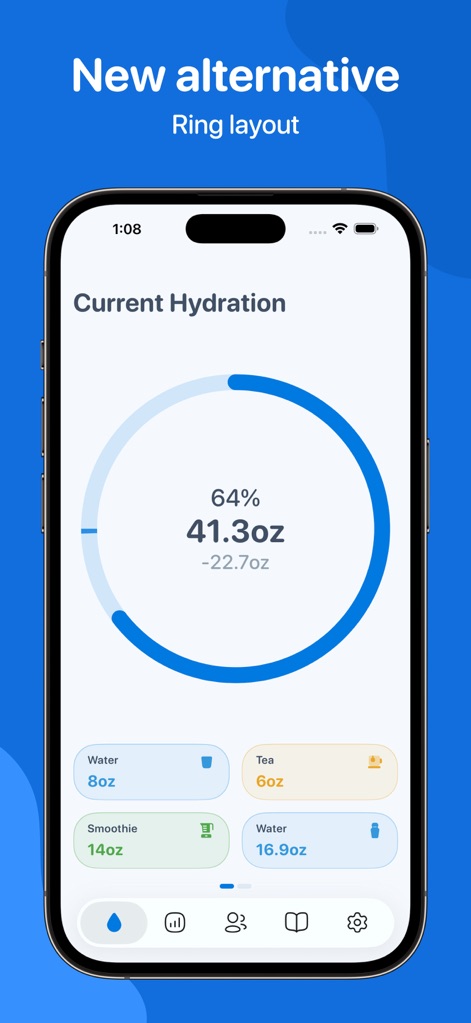 Water Tracker by WaterMinder® - This tool offers an alternative ring layout to display current hydration, providing a percentage and remaining intake alongside quick-tap custom drink buttons.