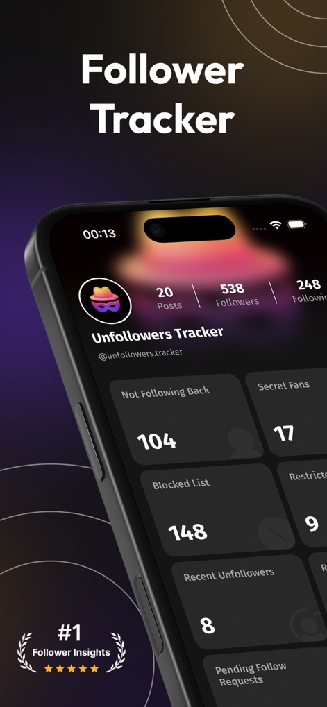 Followers Reports : Insightly - 이 앱은 팔로워 데이터를 한눈에 볼 수 있는 대시보드를 제공하여, 팔로워 및 팔로잉 수 요약과 함께 맞팔하지 않는 사용자(104명) 및 비밀 팬(17명)과 같은 주요 통계를 시각적으로 보여줍니다.