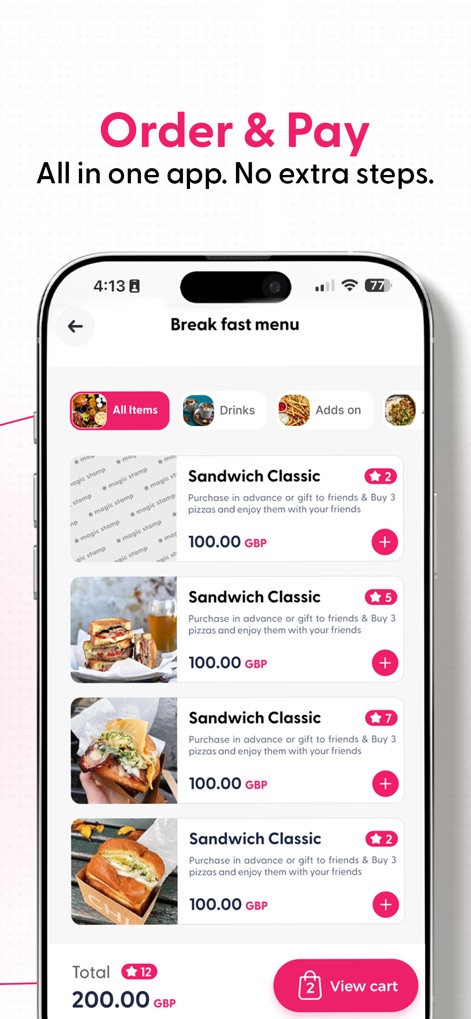 Magic Stamp - Observe the streamlined mobile ordering capabilities, featuring categorized menu items such as 'Sandwich Classic' and an efficient checkout process with the 'Total' summary and 'View cart' button.