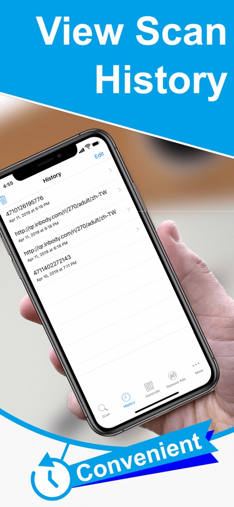 QR Code Reader/QR Scanner App - Los usuarios pueden acceder fácilmente a un 'Historial de Escaneos' detallado, que muestra entradas previas con URLs y fechas, y la cinta azul en la parte inferior enfatiza la 'Conveniencia' con un ícono de reloj.