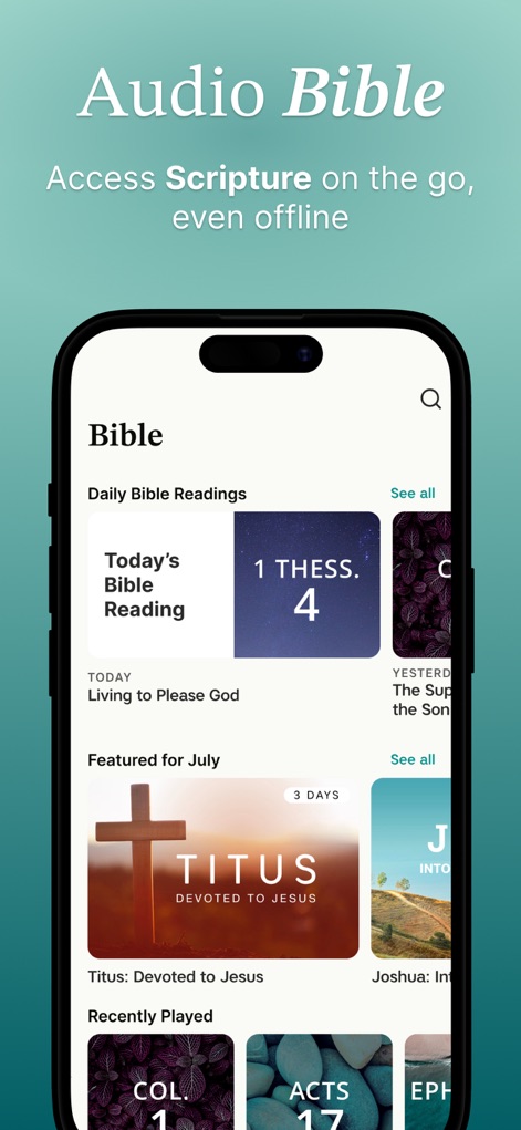 Abide: Bible Prayer Meditation - The "Audio Bible" feature provides convenient "Daily Bible Readings" and highlights "Featured for July" content, making scripture accessible on demand.