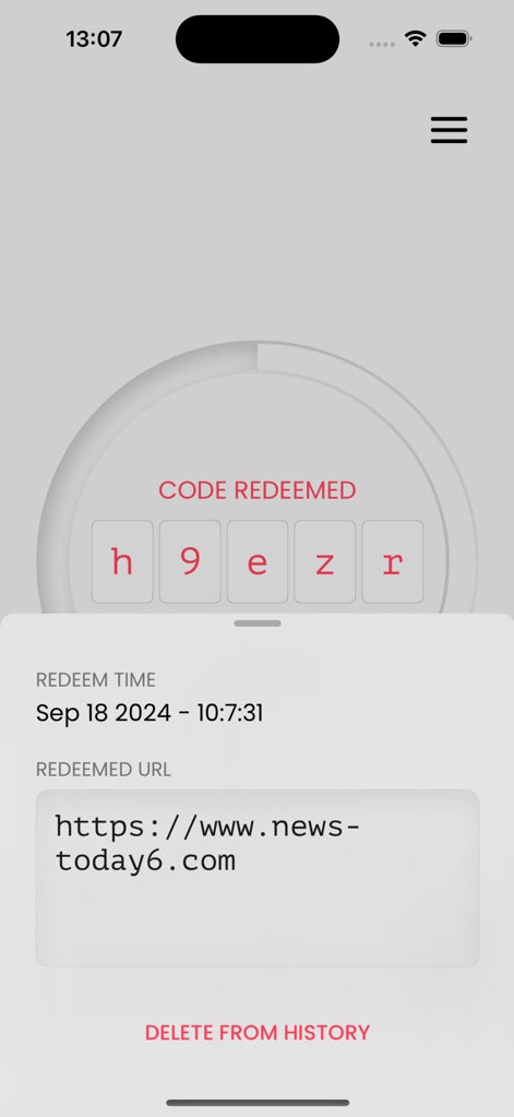 Unlock-r - The app offers detailed redemption logs, showing the precise 'REDEEM TIME' and 'REDEEMED URL', alongside an option to 'DELETE FROM HISTORY' for enhanced privacy control.
