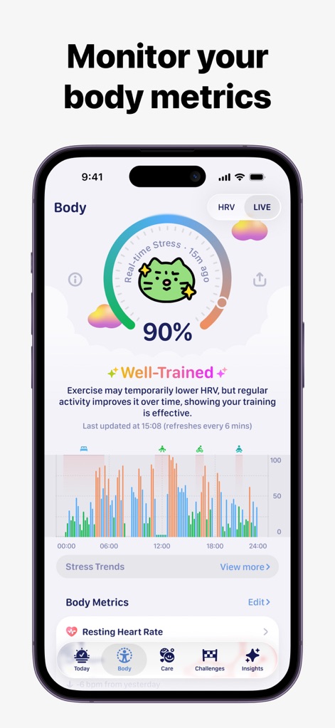 GrowPal: Health & Fitness - The app allows users to dive deep into body metrics with a clear circular 'Real-time Stress' indicator and an insightful 'Stress Trends' graph.