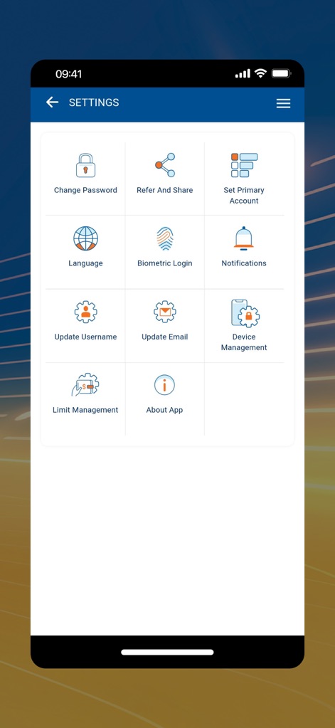 SACOMBANK mBanking - L'application permet une personnalisation avancée, proposant des réglages pour le 'Biometric Login' (authentification biométrique) et la gestion de la 'Language' (langue).