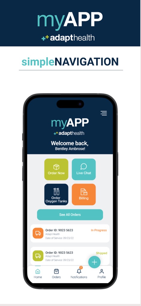 myAPP by Adapthealth - Users can easily manage their medical supplies from an intuitive home screen, featuring quick actions like "Order Now" and real-time updates on recent "Order ID" statuses.