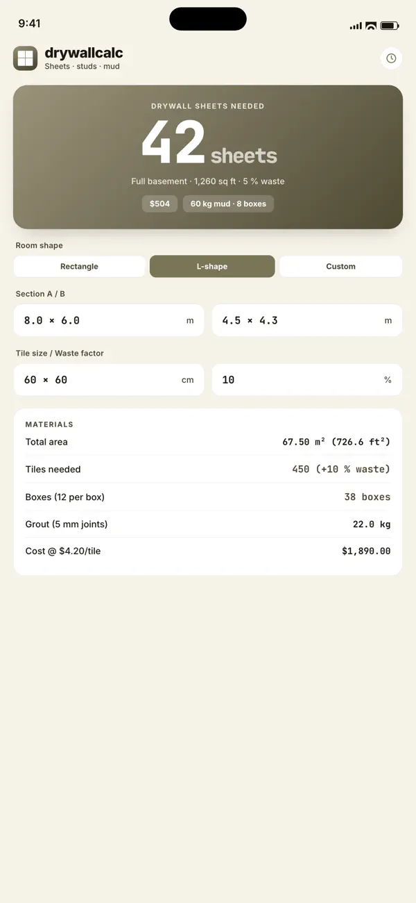 Screenshot #2 pour DrywallCalc: Sheets Studs