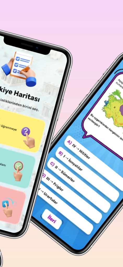 Türkiye ve Dünya Haritaları - Engage with the "Türkiye Haritası" section, showcasing dynamic game modes like "Tıkla & Seç" and an example of a multiple-choice "Test Modu" question.