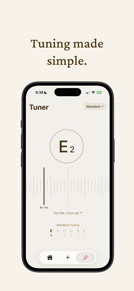 Strum - Play Guitar - The dedicated tuner provides a precise visual indicator and displays the detected note and frequency, simplifying the instrument tuning process for users.