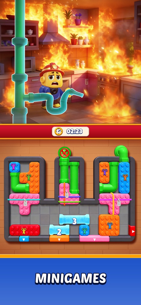 Color Block: Jam Puzzle 3D - Les joueurs peuvent s'immerger dans des mini-jeux captivants de tuyaux et de ciseaux, avec un pompier illustrant le défi des situations urgentes.