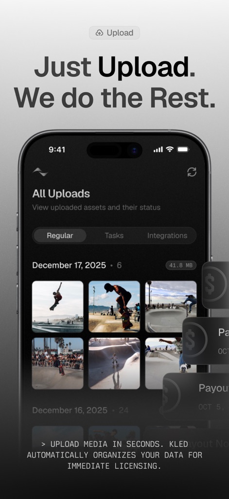 Kled - The app showcases a structured 'All Uploads' view, presenting a visual media gallery and distinct tabs for 'Regular' and 'Tasks' content.