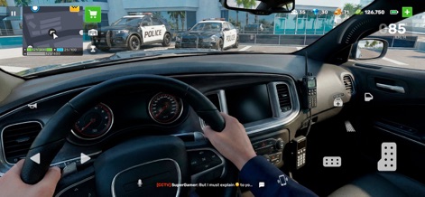 Flex City RP: Online Car Game - Experience immersive gameplay from a first-person view, showing the detailed car interior with the steering wheel and functional police radio.