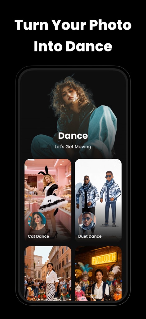 VibeMe AI: Music Video Maker - L'application offre la possibilité de transformer n'importe quelle photo en vidéo de "Dance" animée et propose des options créatives comme les "Duet Dance".
