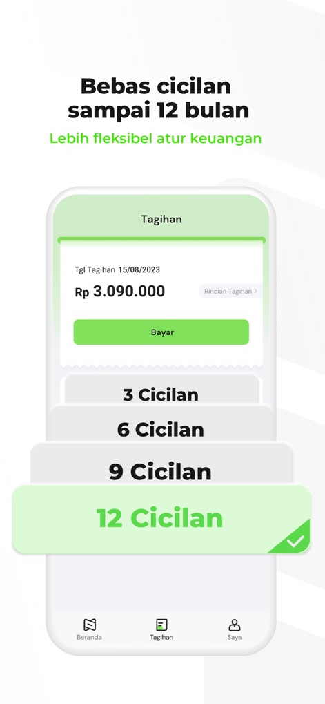 Credinex-Cicilan & Paylater 0% - Gli utenti beneficiano di una gestione finanziaria flessibile, potendo scegliere tra diverse opzioni di pagamento rateale, inclusa la possibilità di estendere le "12 Cicilan" senza interessi, come mostrato nell'interfaccia di selezione.