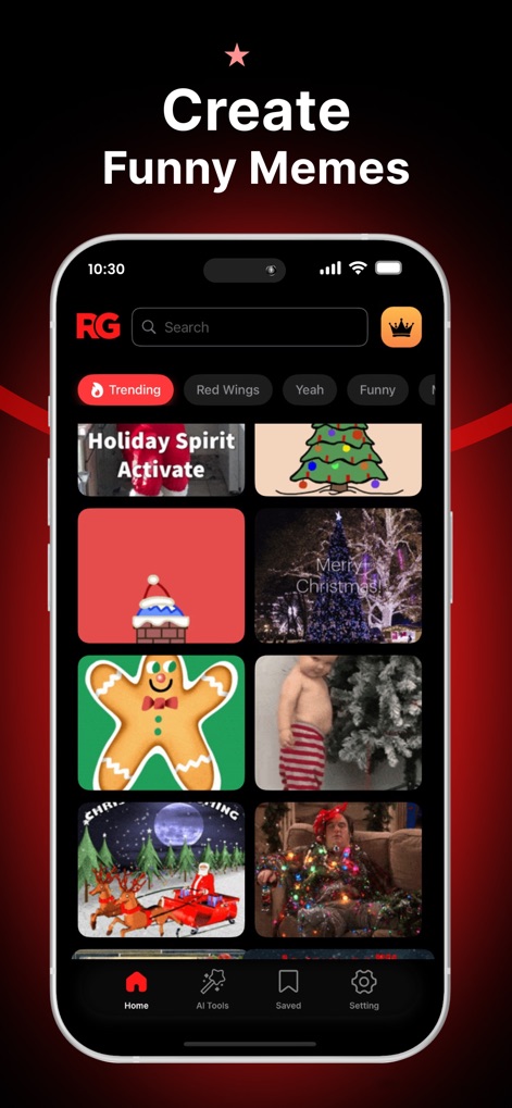 Red gifs: make it meme - A tela inicial apresenta uma curadoria de memes em alta e opções de categorias, como o filtro 'Trending' e a categoria 'Funny', permitindo aos usuários explorar e inspirar-se com conteúdo popular e atualizado.
