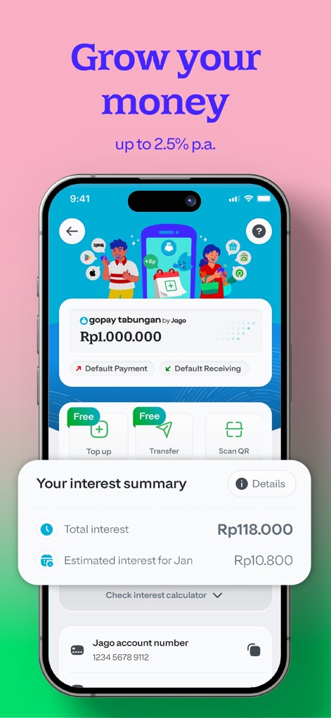 GoPay: Transfer, Payment, QRIS - View the "GoPay Tabungan by Jago" feature, displaying an impressive "Your interest summary" that helps users monitor their money growth effectively.