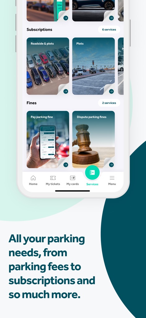 Parkin - Esta captura destaca la sección de "Services" que agrupa diversas funcionalidades, incluyendo opciones para "Subscriptions" y "Fines". La barra de navegación inferior muestra accesos directos a "Home" y "My tickets", facilitando la navegación.