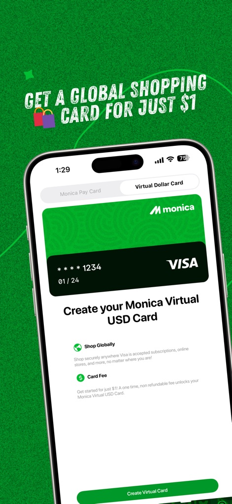 Monica - Pay, Send, Bills - Users can easily create a Monica Virtual USD Card, clearly displaying the VISA branding and a 'Create Virtual Card' button for instant activation.