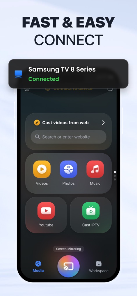 Screen Mirroring・TV Cast View - The interface demonstrates its "Fast & Easy Connect" capability with a clear "Connected" status notification and an intuitive media selection grid including "Videos" and "Photos".