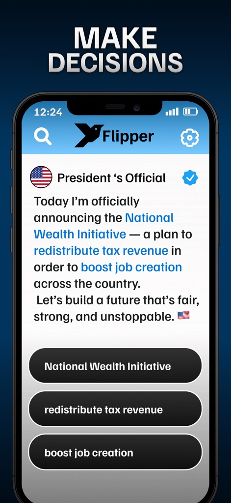 President: Simulator Game - This tool presents modern political challenges through a social media-style interface, allowing users to interact with public discourse on initiatives like the 'National Wealth Initiative' and choose options such as 'redistribute tax revenue'.