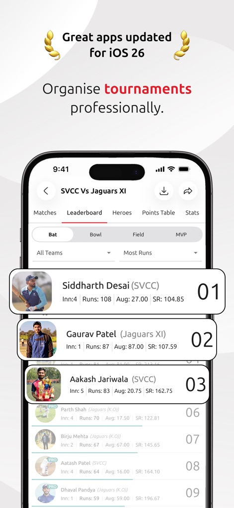 CricHeroes-Cricket Scoring App - View professionally organized tournament leaderboards, showcasing top players by rank and detailed batting statistics like runs and strike rates.